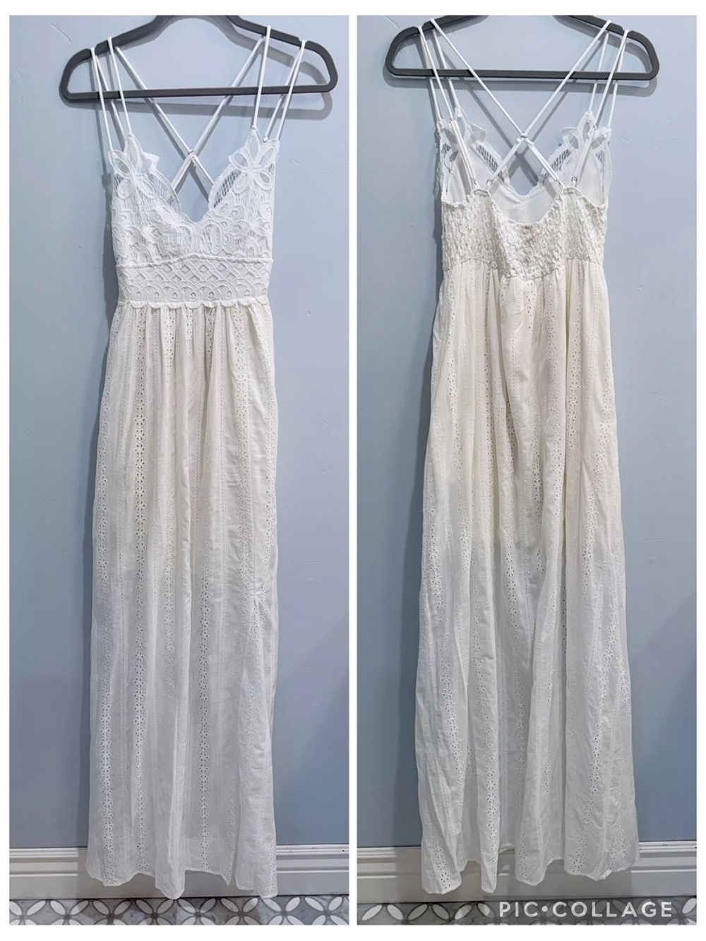 Three Bird Nest White Lace Bralette  Eyelet Maxi Dress Slit Spaghetti Strap Boho - Picture 5 of 13